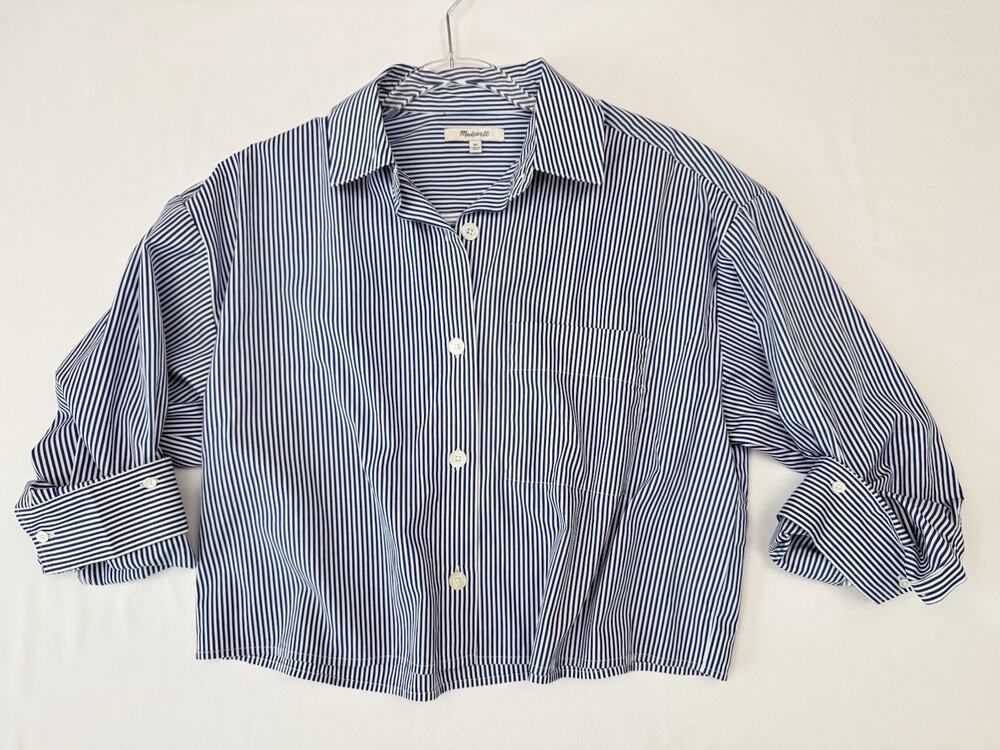 Madewell Straight Hem Shirt in Poplin Blue White Stripe Women's XS Relaxed